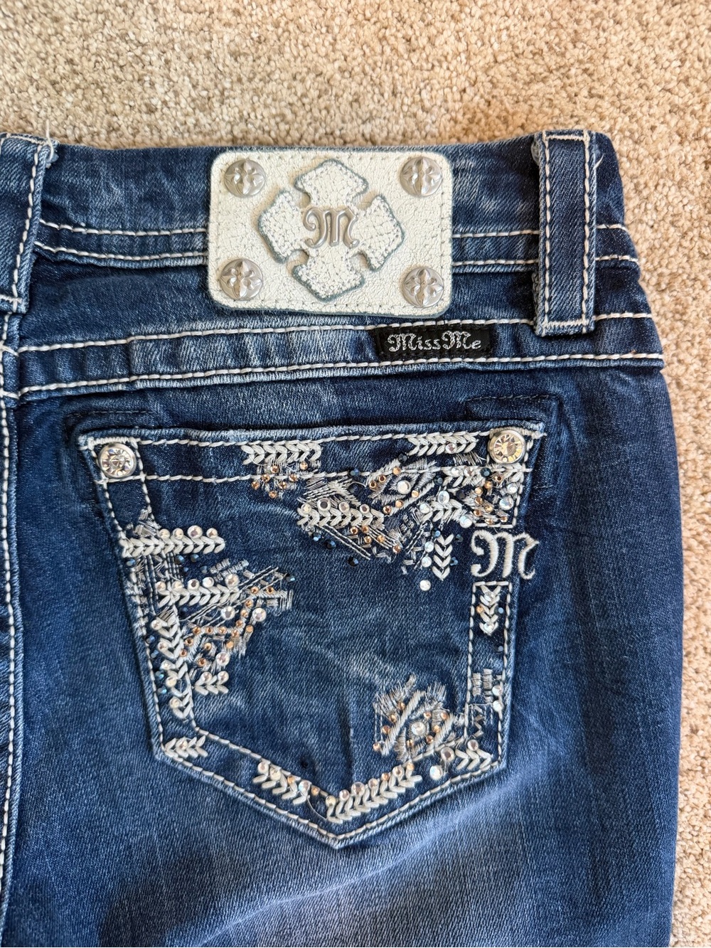 Miss Me Dark Blue Mid Rise Easy Straight Leg Jeans with Thick Stitch Bedazzled